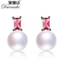 dainashi fine jewelry 925 sterling silver red tiny zircon stud earrings 100 genuine natural freshwater pearl earrings for women