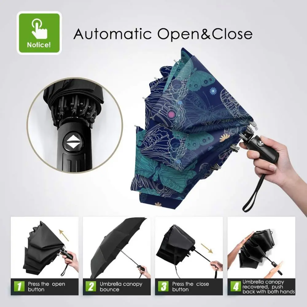 Economici Ombrello Automatico Pioggia Donna Ombrello A Tre Pieghe Bella Farfalla Ombrello Antivento Blu Scuro Ombrello Impermeabile Femminile