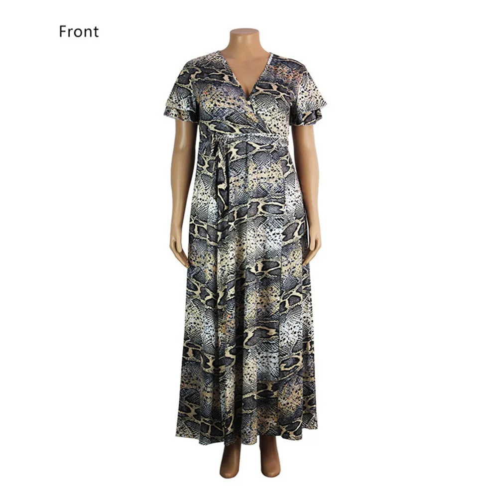 

Oversized Dress Women Sexy Snake Skin Printed V Neck Short Sleeve Maxi Dress Fashion Loose Summer Dress Plus Size Clothes