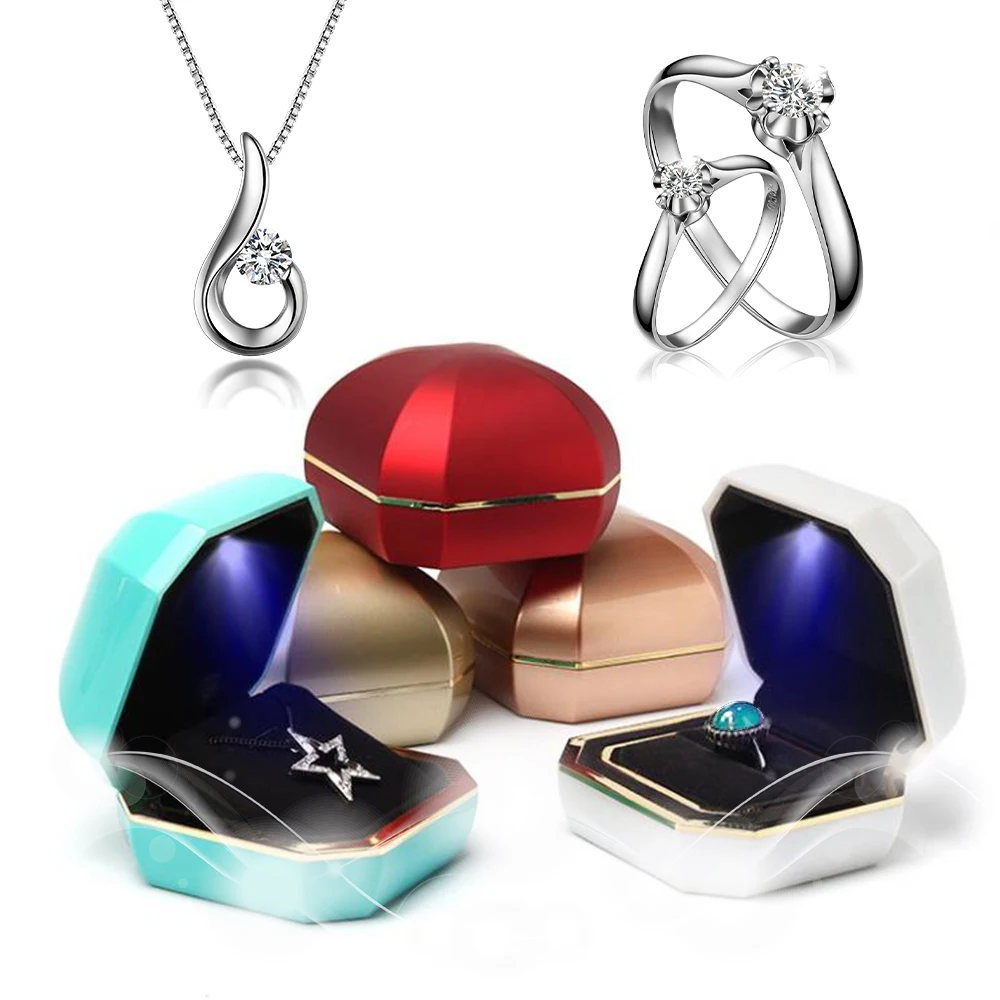 

New Champagne Gold Luxury Wedding Ring Box Necklace Pendant Jewelry Box With LED Light 6colors For Lover