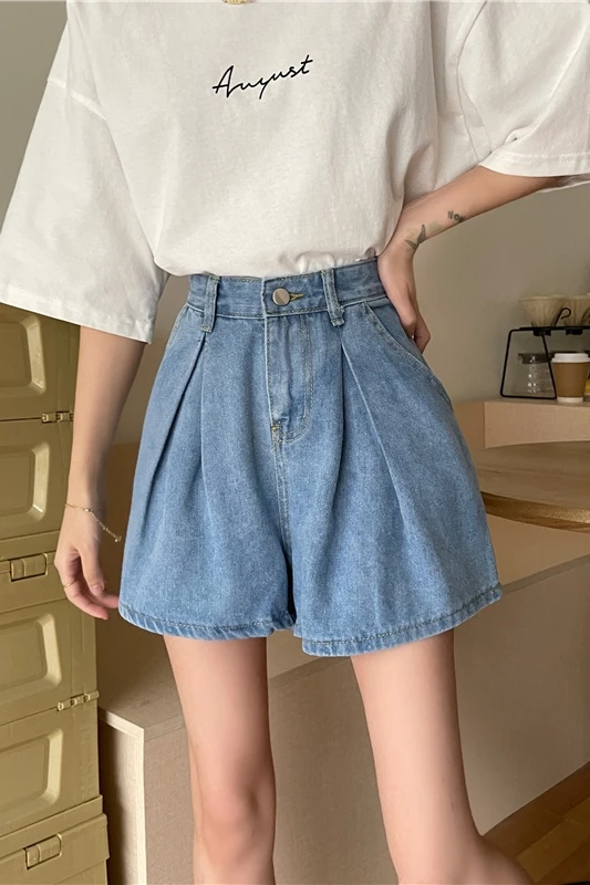 

3 Sizes S-l Loose Black Demin Blue Button Fly Simple Solid Fashion Summer Spring New Arrival Women Shorts