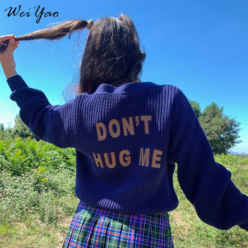 

Vintage Letter Print Blue Knitted Cardigan Bear Embroidery Women Casual Loungewear Button Up Lantern Long Sleeve Winter Sweaters