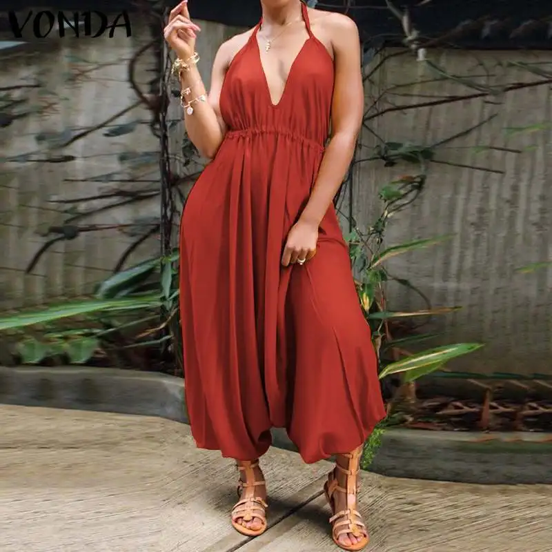

Women's Overalls VONDA 2021 Jumpsuits Sexy Sleeveless Baggy Harem Pants Backless Playsuits Combinaison Femme Pantalon Oversized
