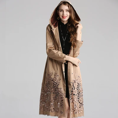 khaki XXXL Верхняя одежда Пальто осенний Повседневный плащ женское с капюшоном выдалбливают вышивка длинный рукав винтажные длинные пальто женские - Цвет: khaki