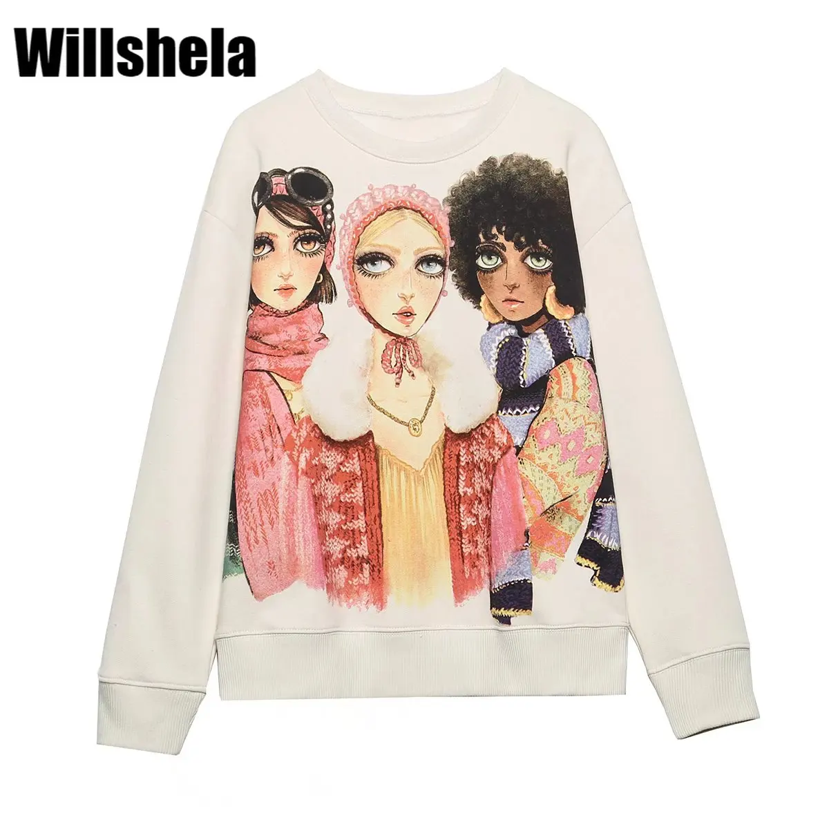 

Willshela Women Fashion Oversized Girls Printed Sweatshirts Vintage Long Sleeves O-Neck Female Streetwear Chic Tops