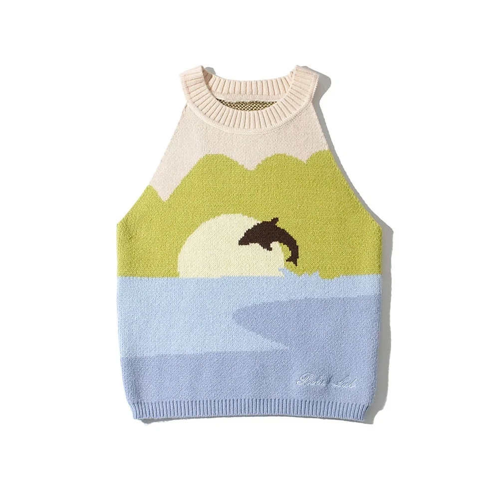 

House Of Party Cropped Sweater Vest UK Summer Sleeveless Dolphin Sunset Ocean Kawaii Pure Shores Wave Rider Knit Halter Top 2021