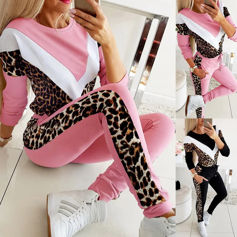 Модные женские леопардовые костюмы с длинным рукавом повседневные комплекты из 2