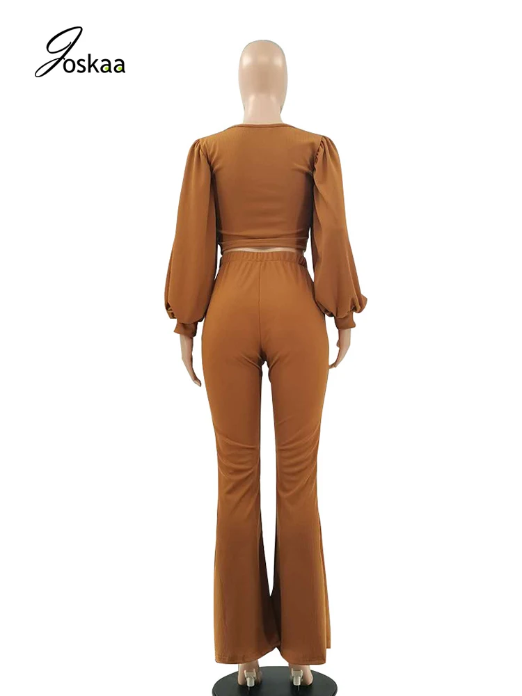 

Joskaa Low Neck Ribbed Loose Lantern Sleeve Skinny Crop Top High Waist Flare Pants Elegant Office Lady Matching Set Sexy 2 Piece