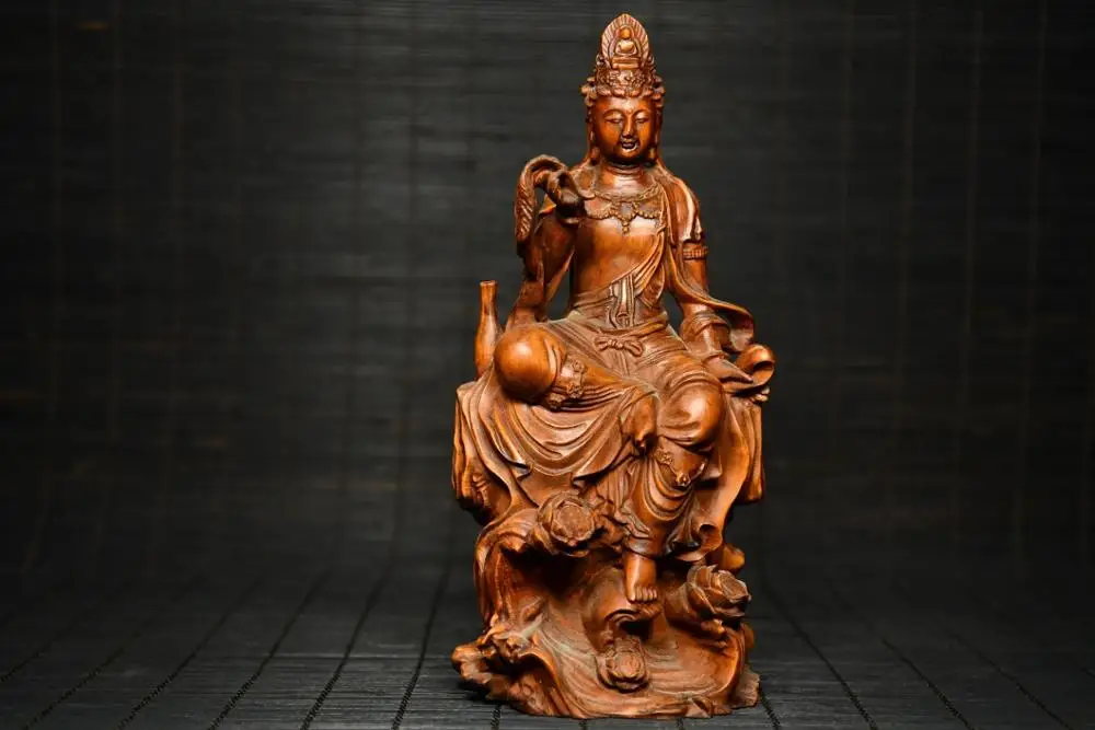 

Home Decor 7" China Collection Old Boxwood Lotus Terrace Guanyin Bodhisattva Avalokitesvara wood carving Amitabha