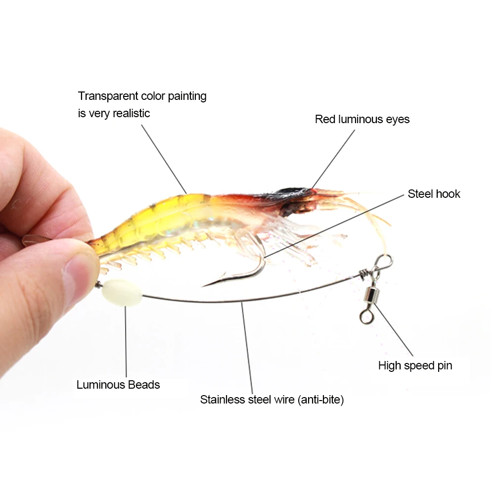 

7Pcs/Lot fishing bait Luminous Shrimp Silicon Soft Artificial Bait With Hooks Swivels Tackle Shrimp Lure Carp Fishing 8cm 5g
