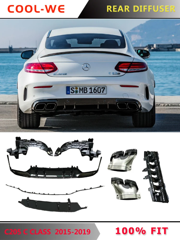 2 двери W205 C205 Coupe C63 Для AMG стиль задний диффузор бампер для губ с выхлопной Mercedes Benz C