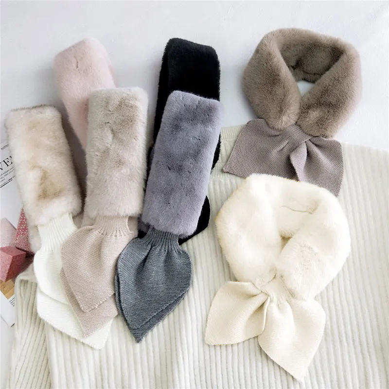 

Korea Vintage Skinny Plush Scarf Faux Fur Solid Color Knitting Wool Scarf Peach Heart Cross Scarves Women Long Collar Neck Warm