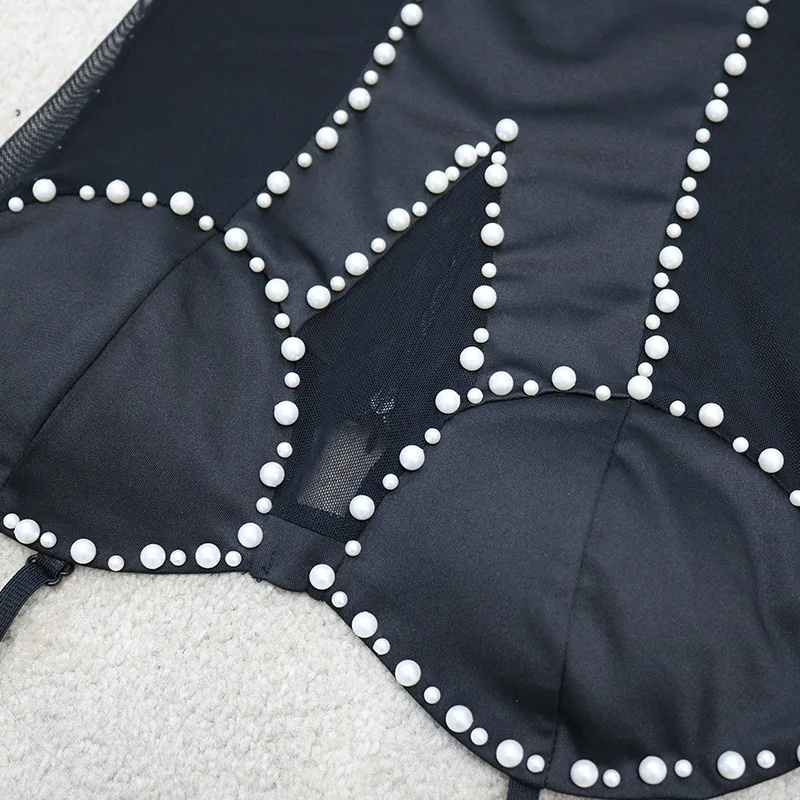 

Patchwork Mesh Sheer Beaded bodycon Mini Dress Women Spaghetti Strap See Through Black White Sexy Dresses Woman Party Night Club