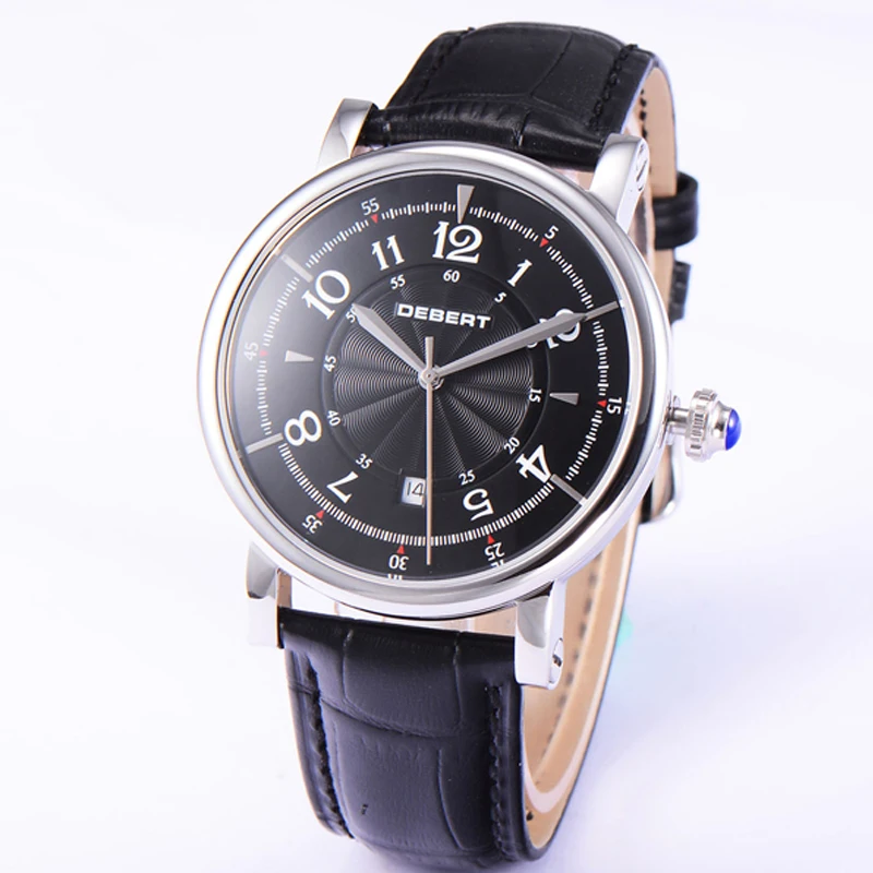 Модные роскошные кожаные механические часы с черным циферблатом и