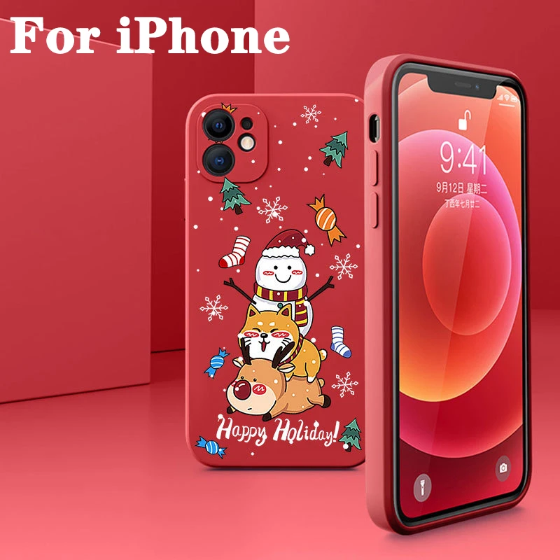 

Christmas Shockproof Liquid Silicone Case For iPhone 11 12 13 Pro Max Mini XS MAX XR X 7 8 PLUS SE 2020 Cover