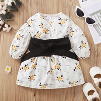 toddler kids girls v neck baby girls clothes white floral long puff sleeve shirt with sashes belt girls long dress spring autumn