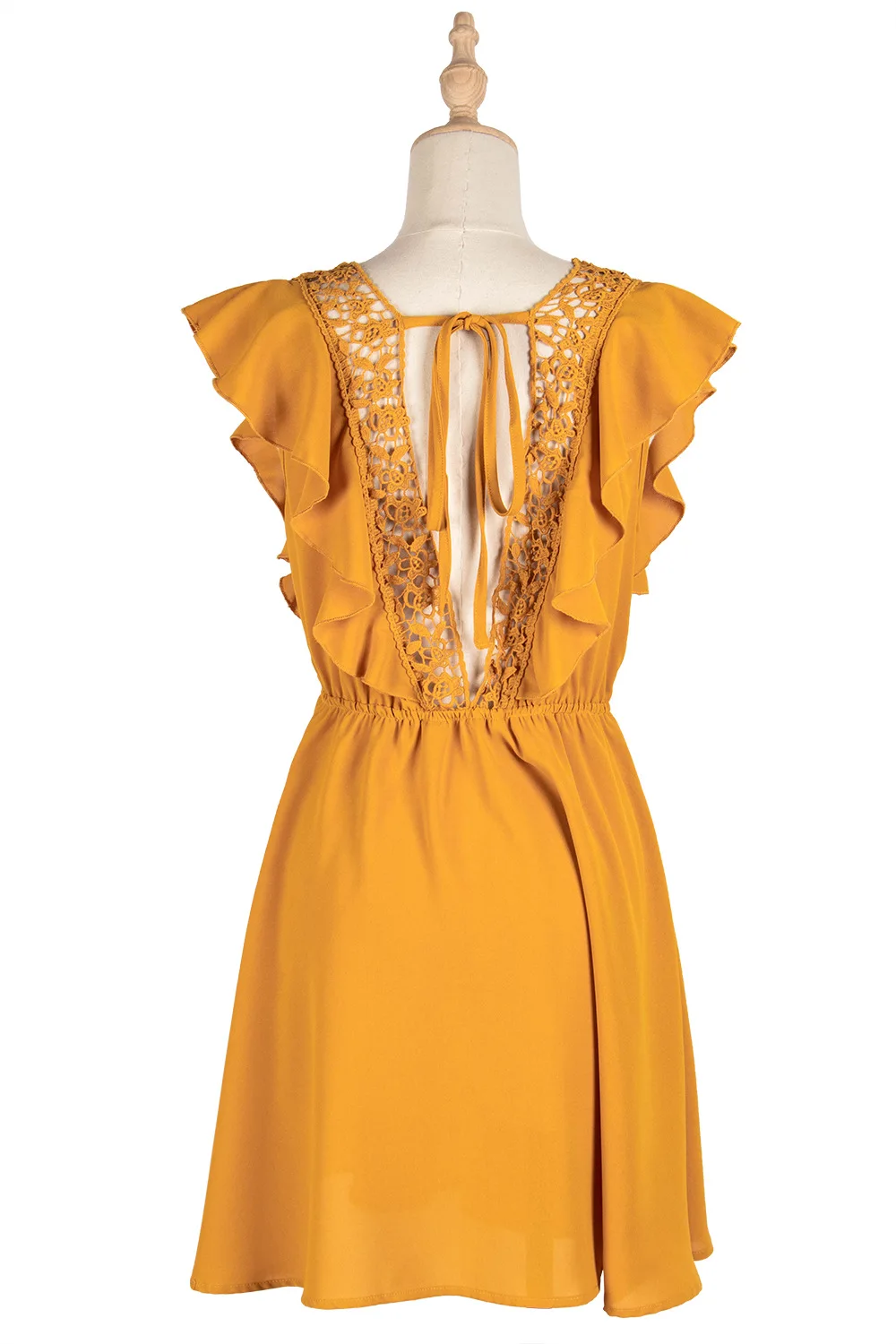

Ruffles Short Sleeve Splice lace Mini Dresses For Women Vintage Yellow Solid Backless Summer Dress Boho Beach Vestidos