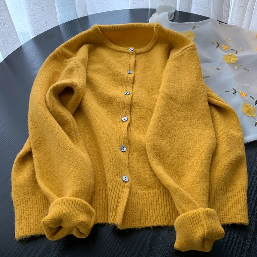 

Вязаный свитер, Женский винтажный кардиган, зимнее однотонное пальто, Женский Свободный Повседневный свитер, кардиган, женский свитер с дли...