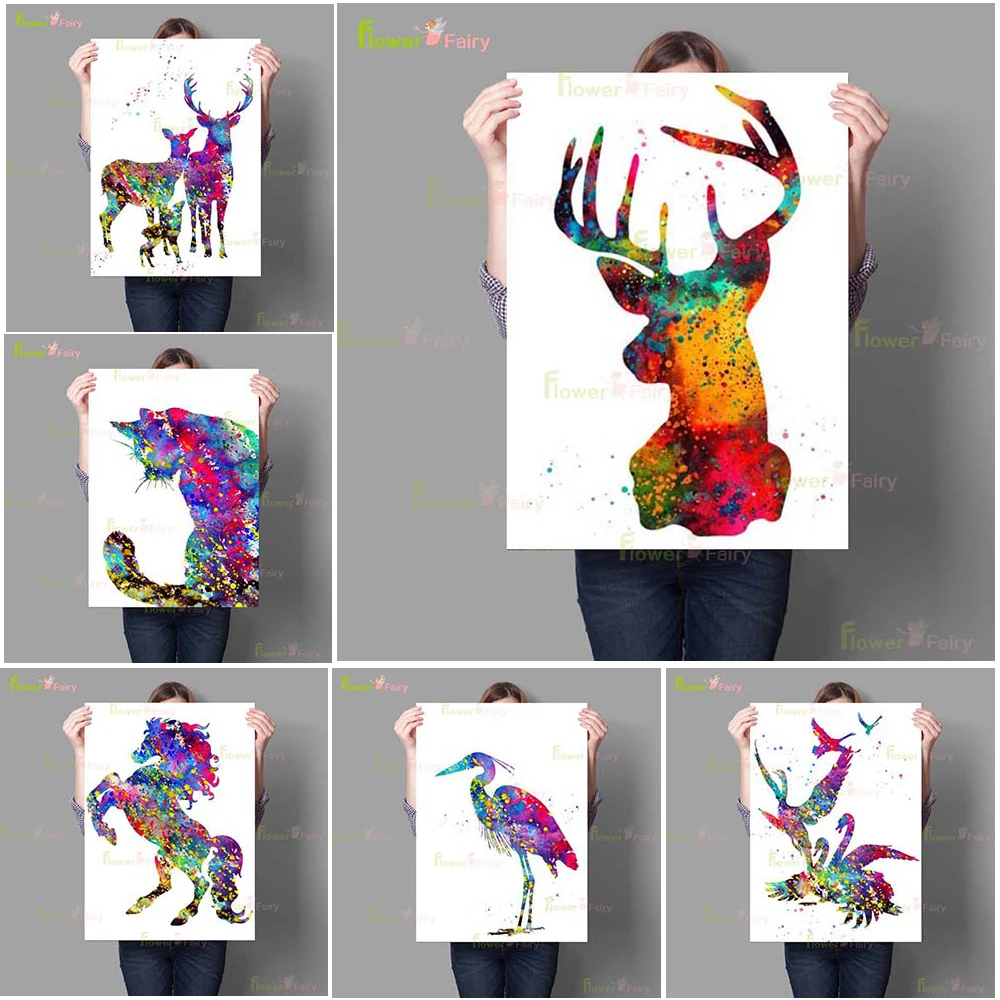 

Color Elk Mustang Crane Cat Nordic Poster Animals Wall Art Canvas Painting Wall Pictures For Living Room Home Decor Unframed