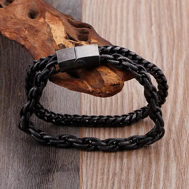 

New Design Punk Black Steel Double Chain Bracelet Man Stainless Steel Chain Bangle Watchband Style Friendship Gift Jewelry