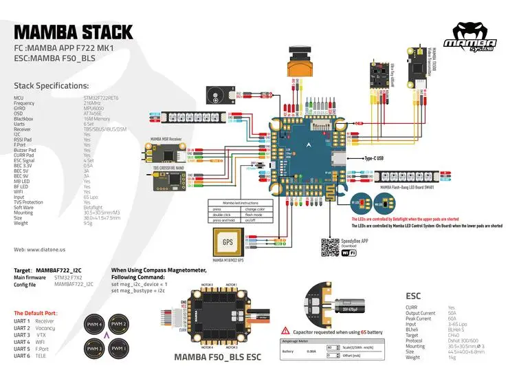 Контроллер полета Diatone MAMBA F722S Betaflight stack OSD 5/9V 2A BEC & 50A 3 6S Blheli_32 Dshot1200 Brushless ESC f722