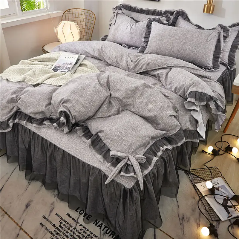 

Gray lace Bedding Set twin Full Queen King Bedspread princess Duvet Cover set Pillowcase girls lace bed skirt solid bedclothes