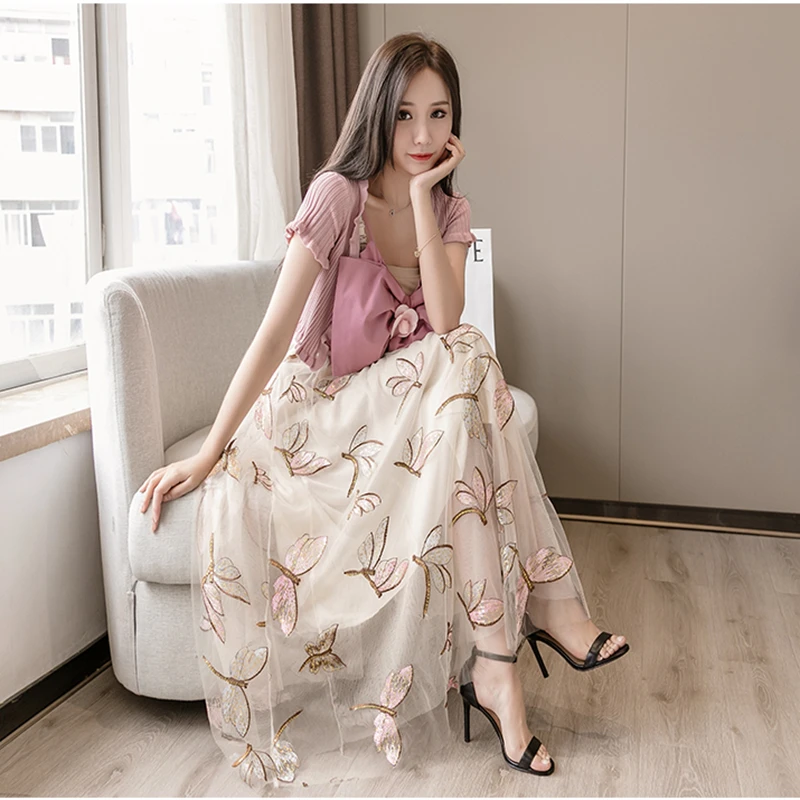 

2021 Fashion High Waist Embroidered Mesh A-Line Skirt Women Spring Summer New Gauze Skirt