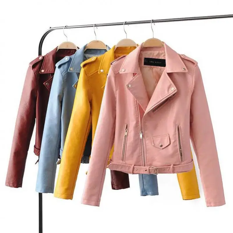 

New Spring Autumn Fashion Bright Colors Ladies Basic Jackets Women Short Pu Leather Jacket Outwear Chaqueta Jaqueta Veste M L XL