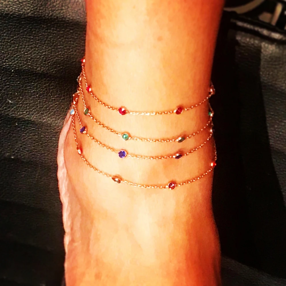 Цепочка на ногу 21 + 5 см с радужным фианитом лето 2019 Пляжное ювелирное изделие из