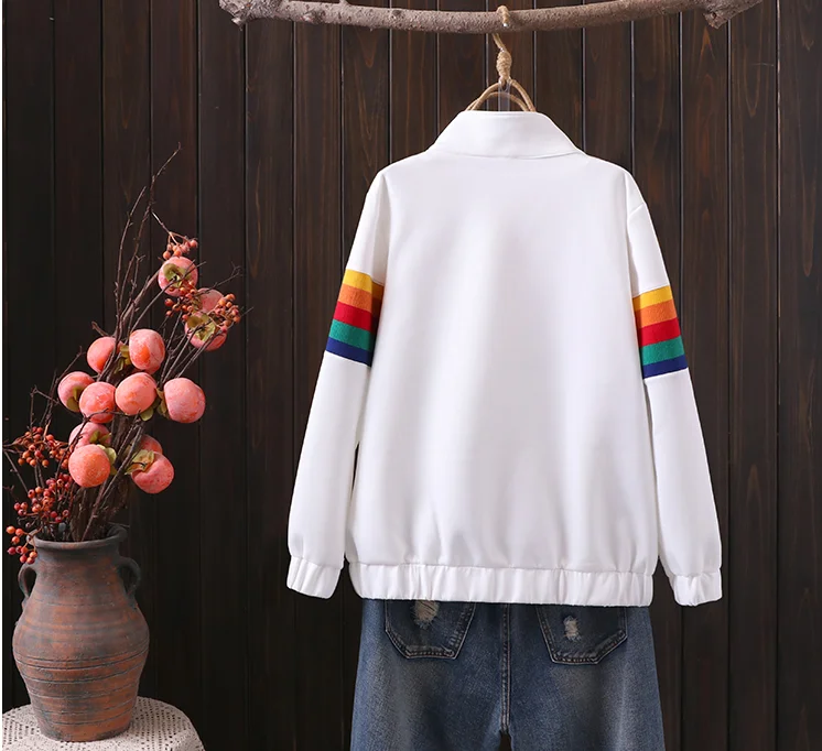 

Vintage Black Casual Loose O-Neck Rainbow Print Hoodie Harajuku Hoody Sweatshirt For Women Long Sleeve Pullove Sudadera Mujer