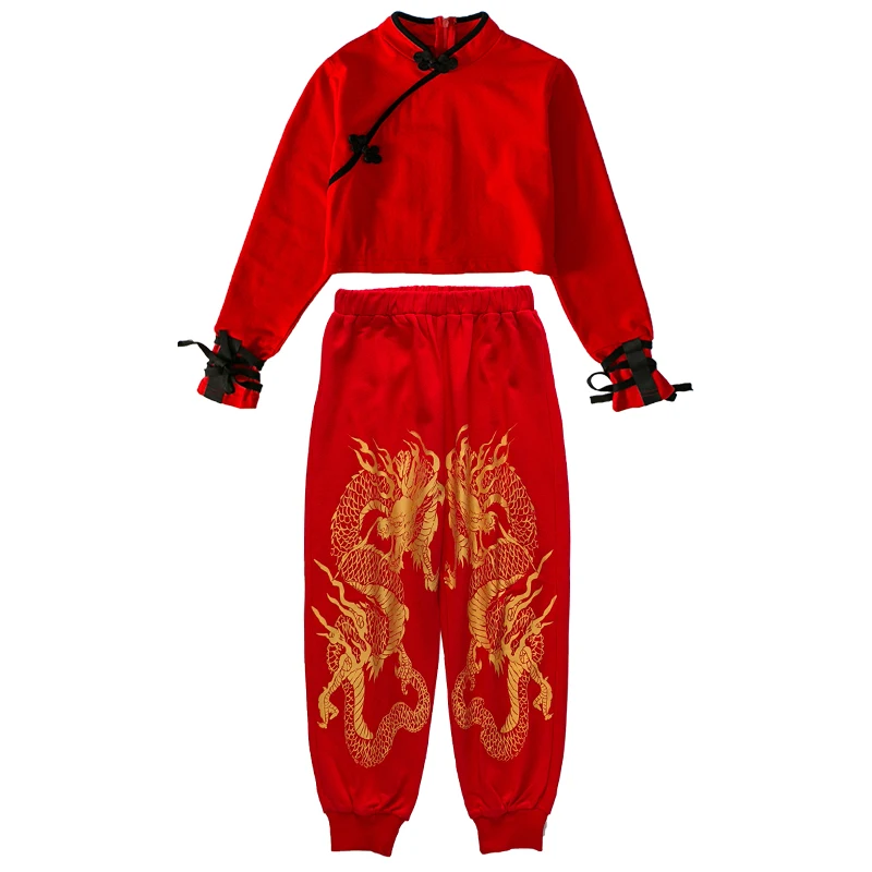 

New Girls Jazz Dance Costumes Red Outfits Chinese Style Hip Hop Dance Clothes Modern Dance Performance Rave Clothes 110-180