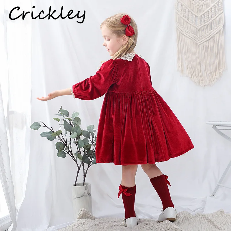 

Red Velvet Baby Grils Party Dresses Princess Ball Gown Kids Clothes Lace Lantern Sleeve Children Clothes Solid Toddler Dress