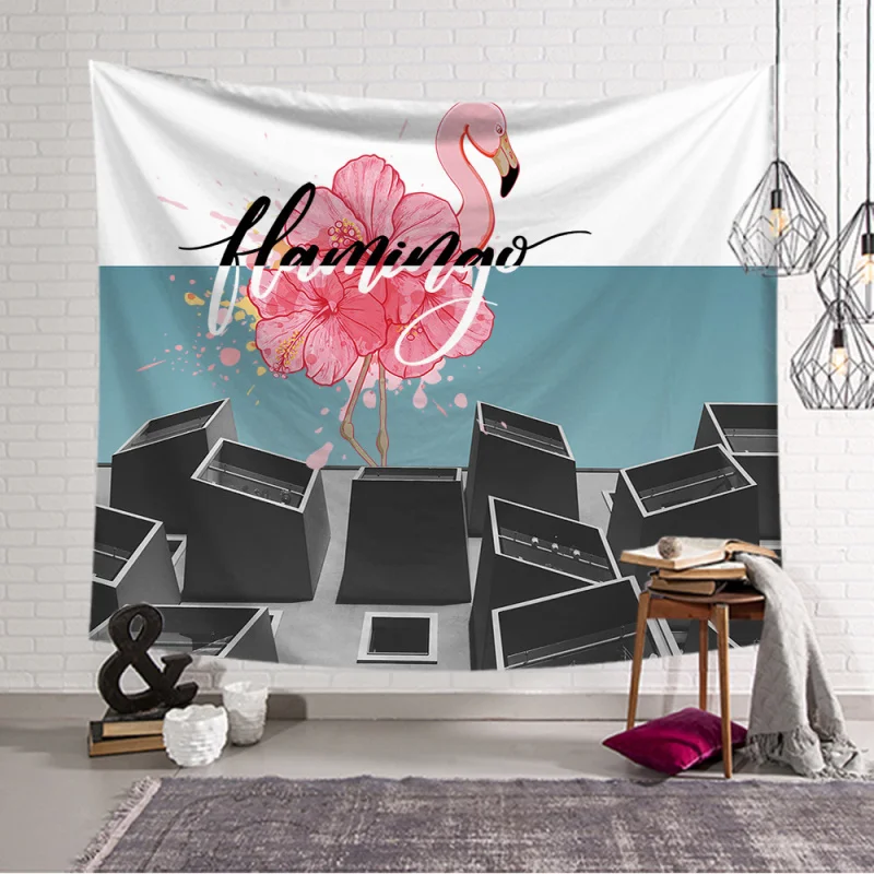 Розовый гобелен с фламинго настенный художественный принт животными розовый