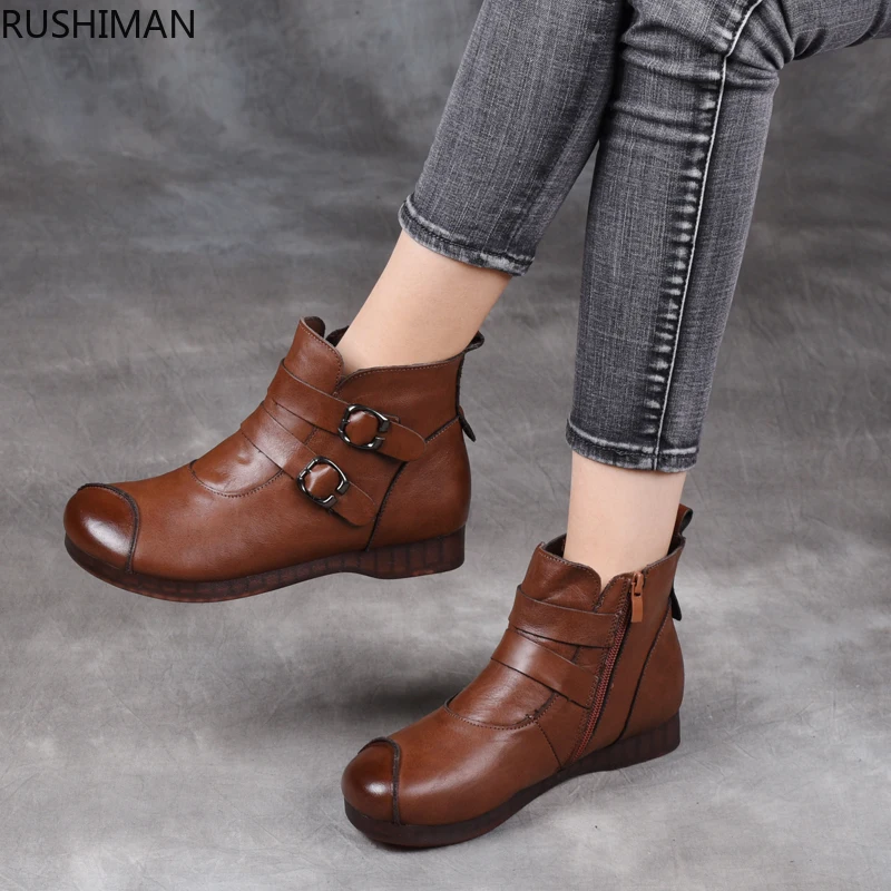 RUSHIMAN/повседневные кожаные короткие сапоги трубы с ремешком и пряжкой удобная