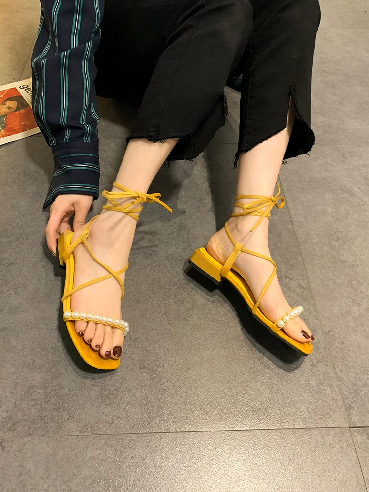 

2021 Sandals Ladies Shoes Summer All-Match Block Heels Espadrilles Platform Suit Female Beige New Pearl Chunky Low High Clear C