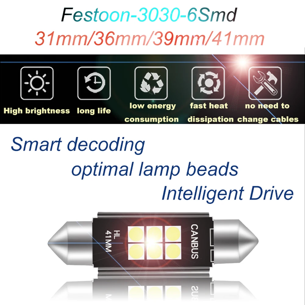 100x Festoon Dome 3030 6 SMD c5w Авто 31 36 39 41 мм Canbus безошибочный светодиодный светильник для