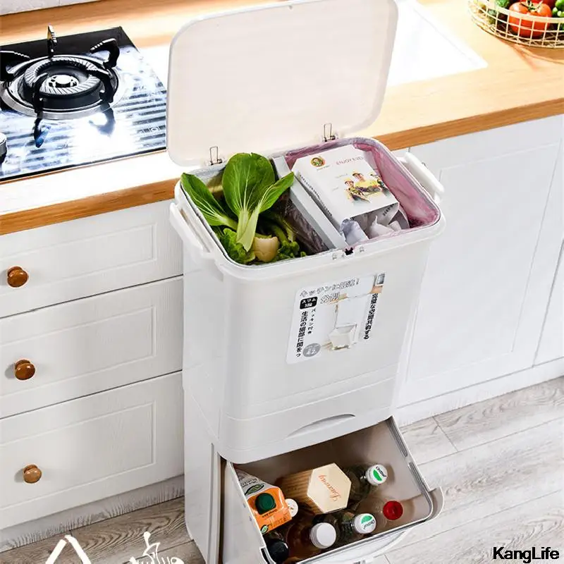 45L 3Layer Wet Dry Sorted Kitchen Trash Can Recycle Bin Dustbin Bucket Garbage Push-type Storage | Дом и сад