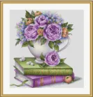 Набор для вышивки фиолетовые розы и книги, 14 карат