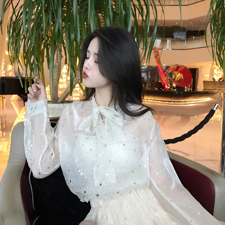 

long sleeve sweet perspective new Spring autumn bow sequined Women's Clothing shirts fashion brand Korean vetement femme tops