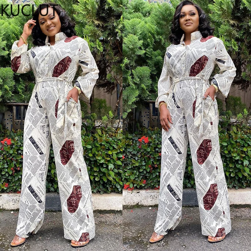 

African Print Jumpsuit Women Long Sleeve Tied Waist Rompers Wide Pants Fashion Lady Ankara Dashiki Outfit One Piece Overalls