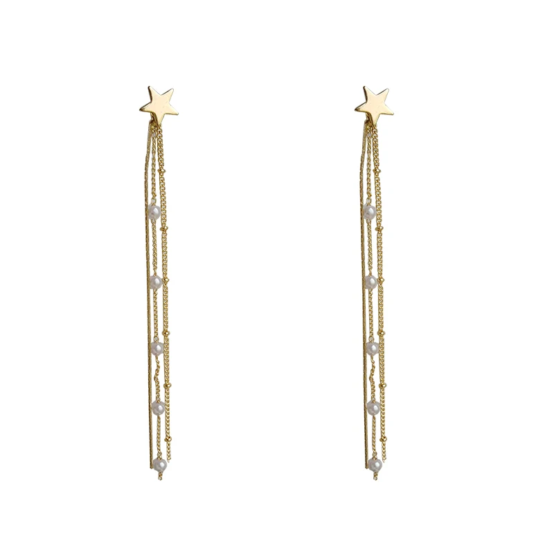 

Fashion Jewelry Long Earrings 2020 New Design Metal Star Small Simulated White Pearl Chain Tassle Earrings For Girl Lady Gift