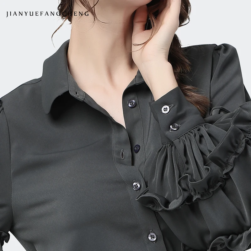 

Elegant Office Ladies Gray Shirt Ruffles Lantern Sleeve Single-breasted Top Loose Plus Size Women 2020 Spring New Casual Blouses