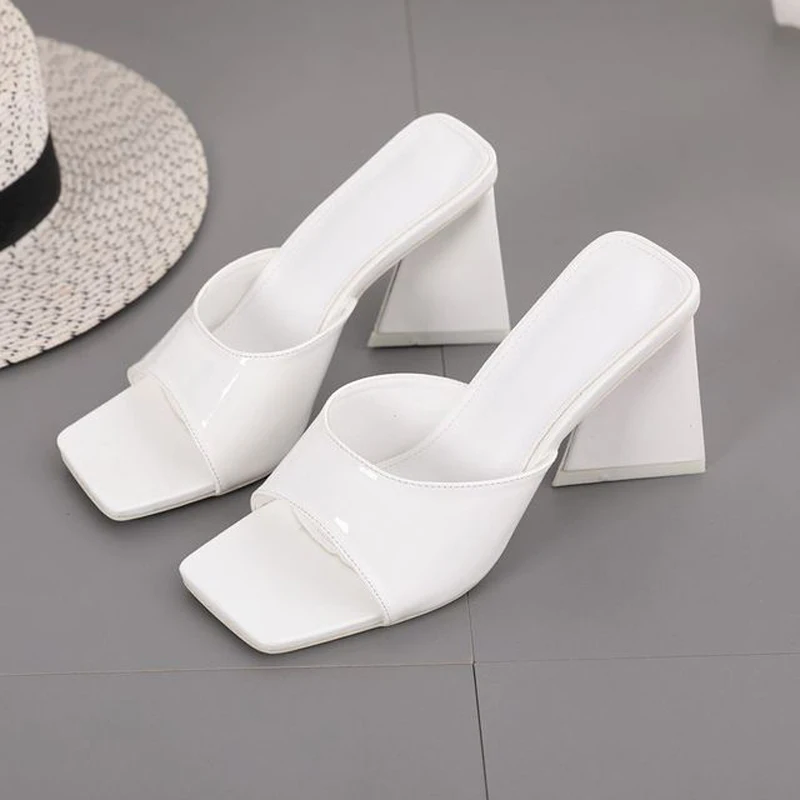 

Women's High Heels Slipper Flip Flops Slip On Square Toe Chunky Heels Female Slides Patent Leather Candy Color Ladies Shoes 2021