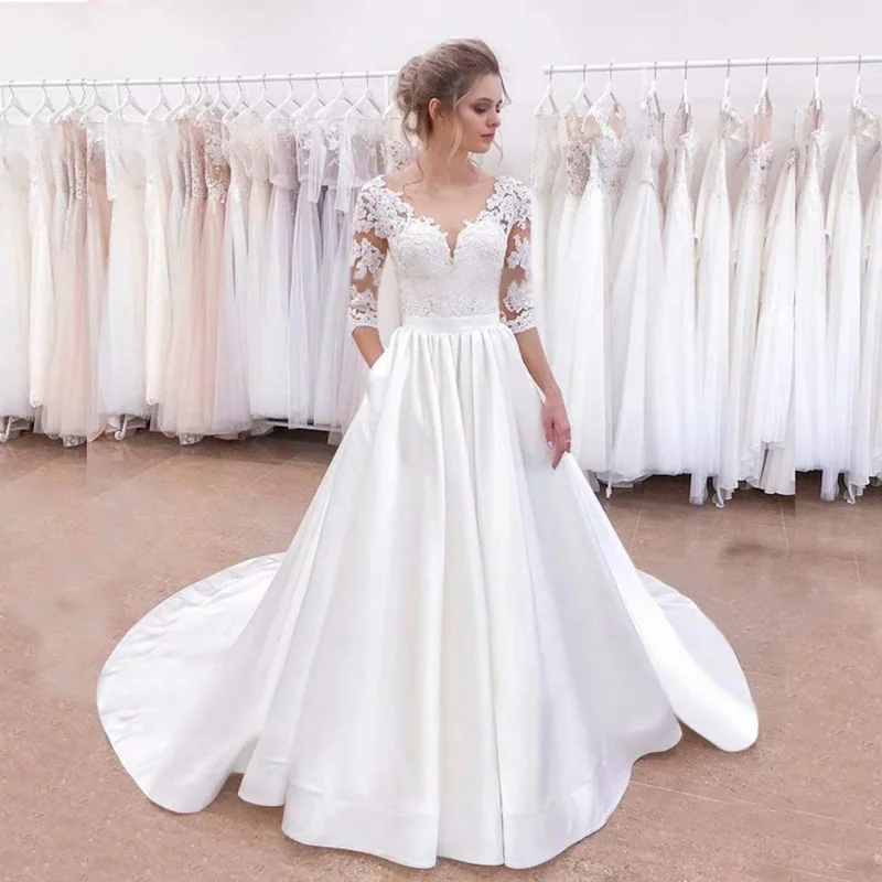 

Satin A-Line White Wedding Dress 2021 V-Neck Appliques Half Sleeves Arab Designer Lace Bride Dresses Plus Size Vestidos De Novia