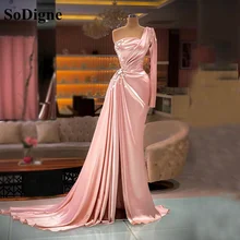 SoDigne – robe de soirée en Satin rose, asymétrique épaule dénudée, style sirène, tenue de bal élégante, fendue, 2021  (2)