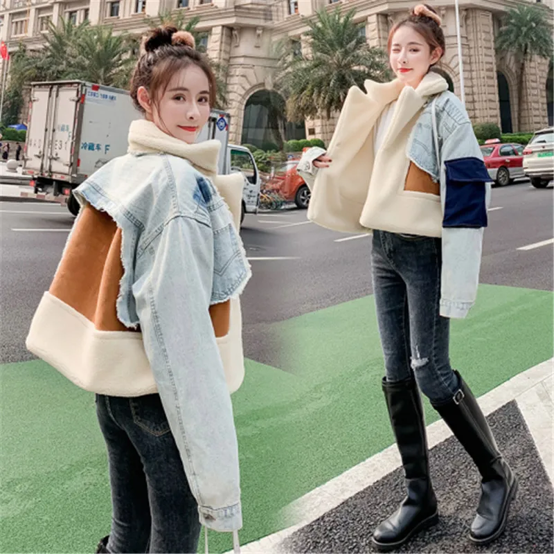 Стильное пальто из джинсовой ткани в стиле пэчворк овечьей шерсти Женская