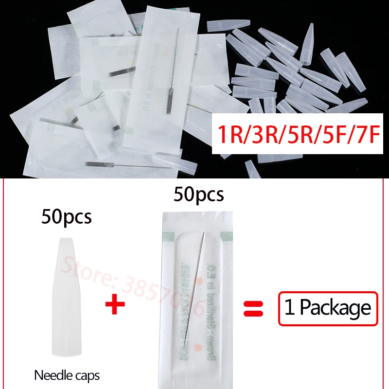 

50pcs Disposable Traditional needle and caps Tattoo Permanent makeup needle tips 1R/3R/5R/5F/7F pmu needles for Eyebrow Lips