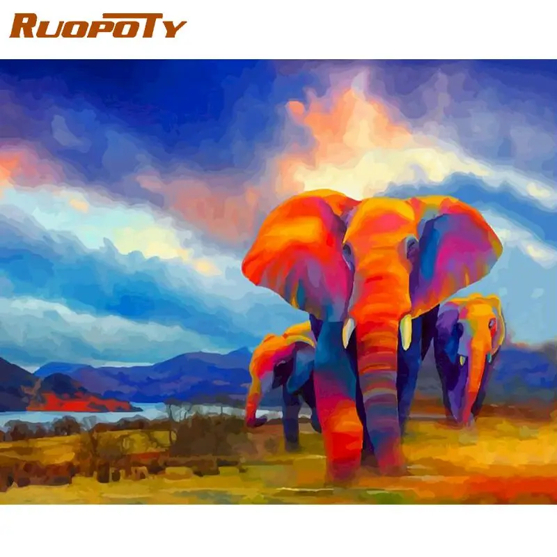 

RUOPOTY DIY painting by numbers colorful Elephants modern wall art canvas diy frame gift for home wall artwork 40*50cm
