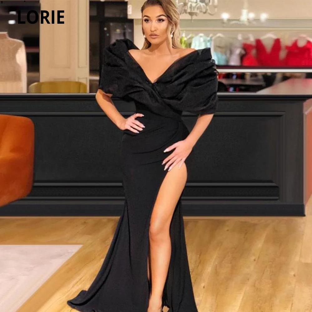 LORIE Black Prom Dresses Mermaid Off the Shoulder Pleat Formal Evening Dress Long Wedding Party Gowns Vintage Plus Size Split