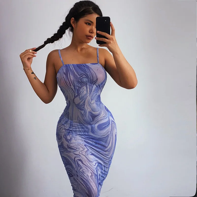 

Bodycon Backless Bandage Sexy Robe Lace Up Printed Square Neck Spaghetti Straps Long Dress Evening Summer Women's Dress 2021 New